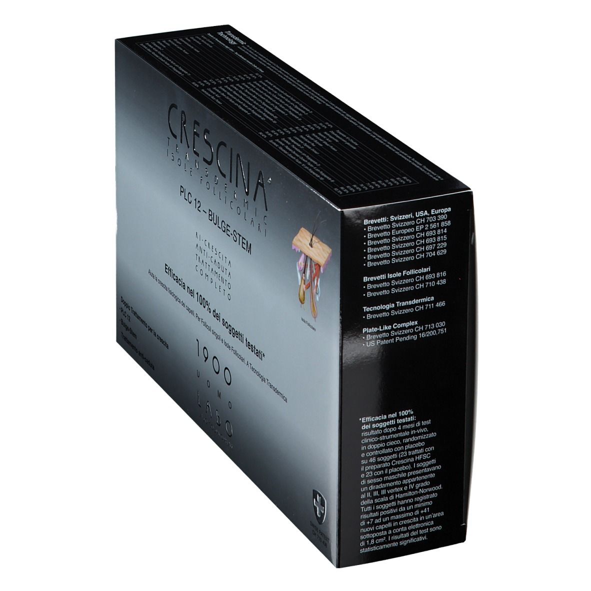 Schachtel, schräg. Text: CRESCINA, PLC12, Bulge-Stem, 1900 UOMO. Schweizer Kreuz. Auflistung.