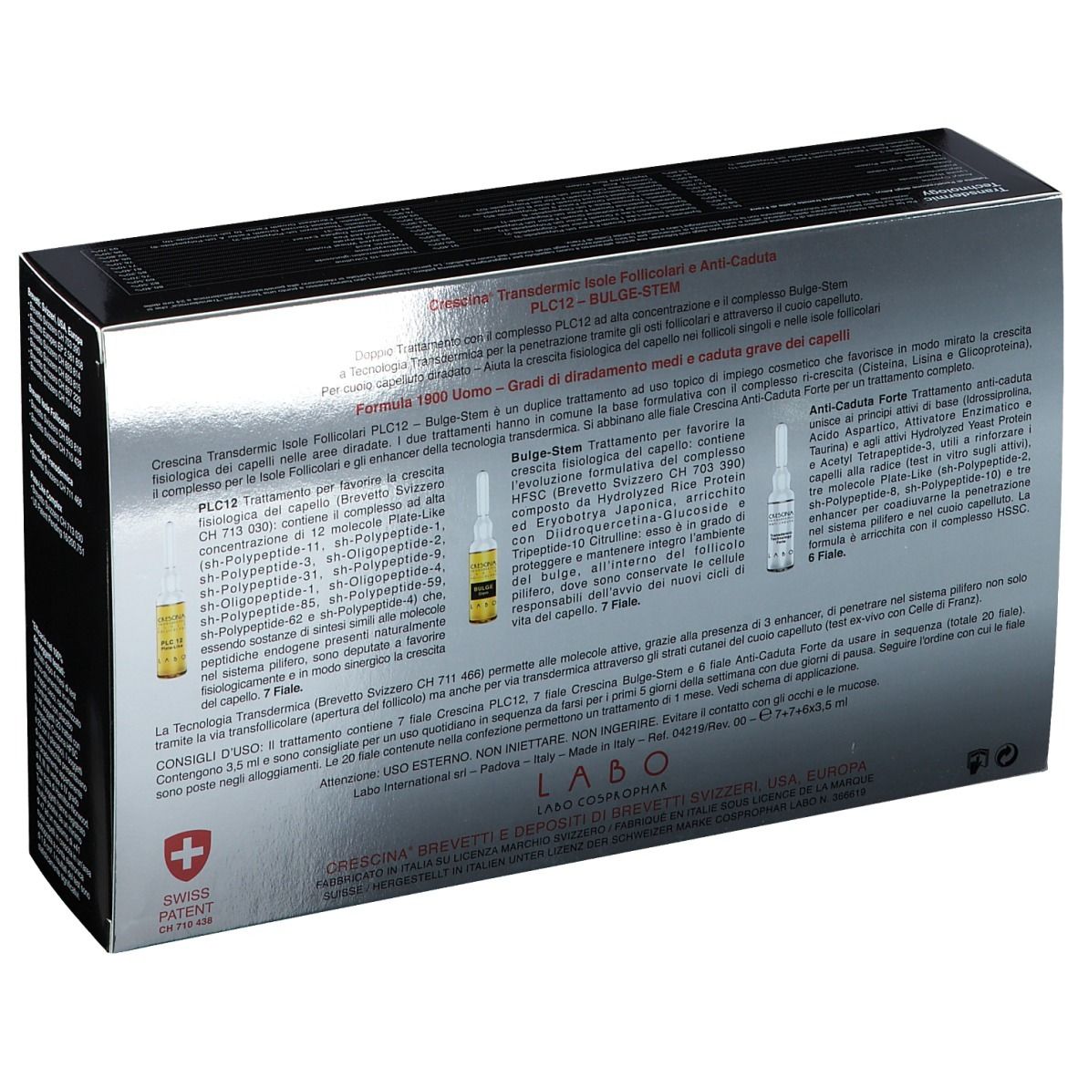 Rückseite der Schachtel. Text: CRESCINA, PLC12, Bulge-Stem, 1900 UOMO. Schweizer Kreuz. Ampullen.