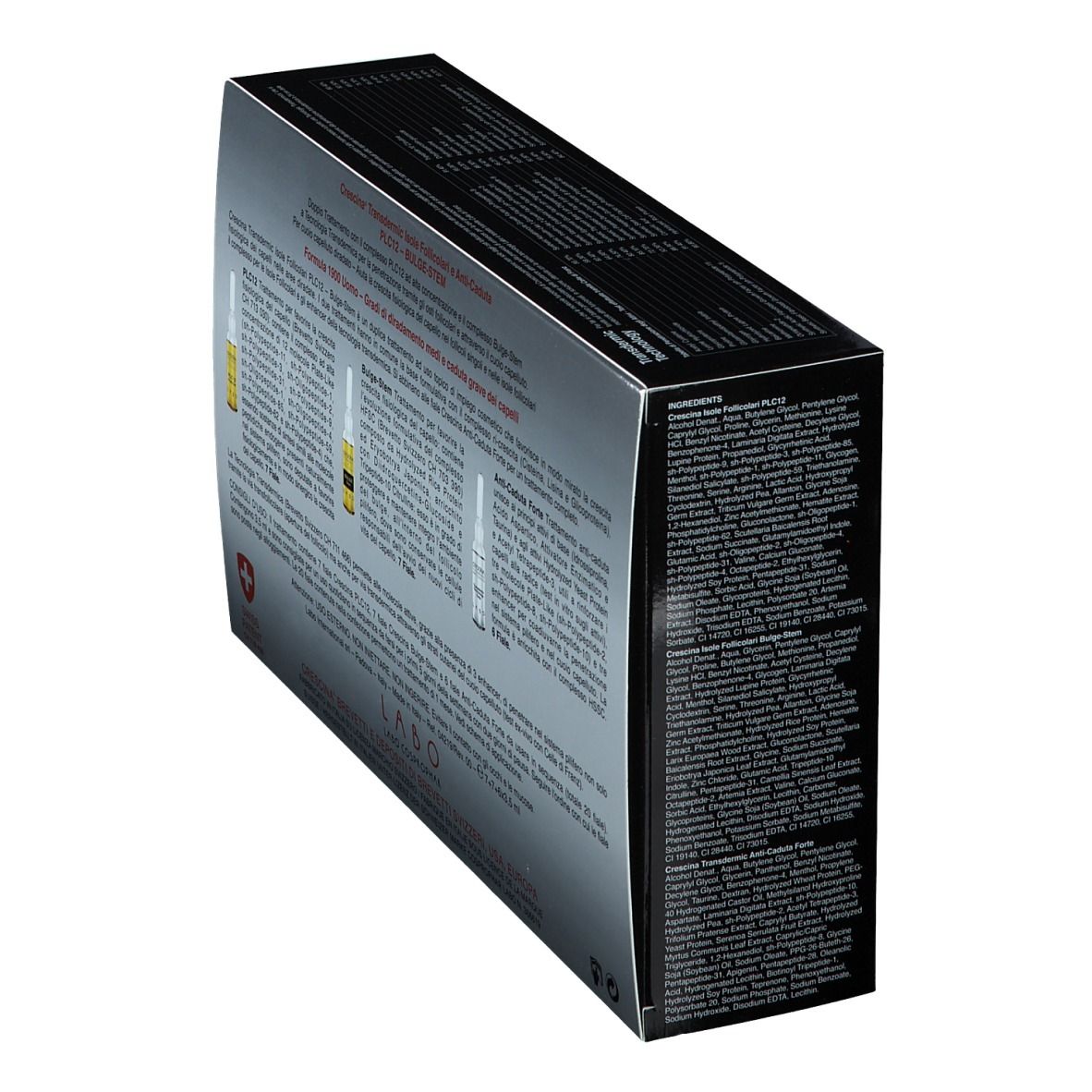 Schachtel, schräg. Rückseite mit Text und Inhaltsstoffen. Schweizer Kreuz.