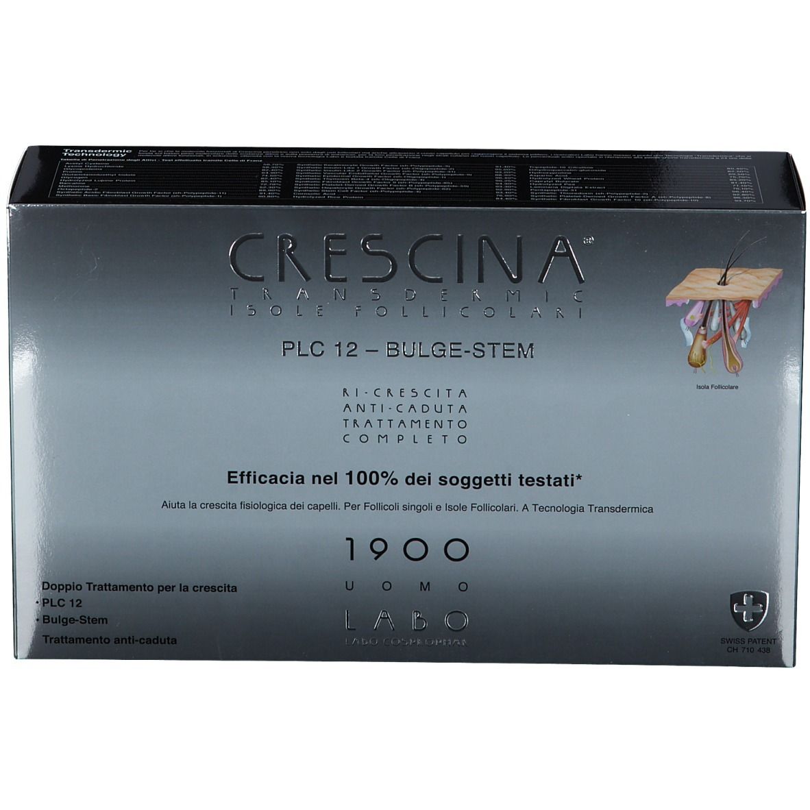 Schachtel mit Produktaufdruck. Text: CRESCINA, PLC12, Bulge-Stem, 1900 UOMO. Schweizer Kreuz.