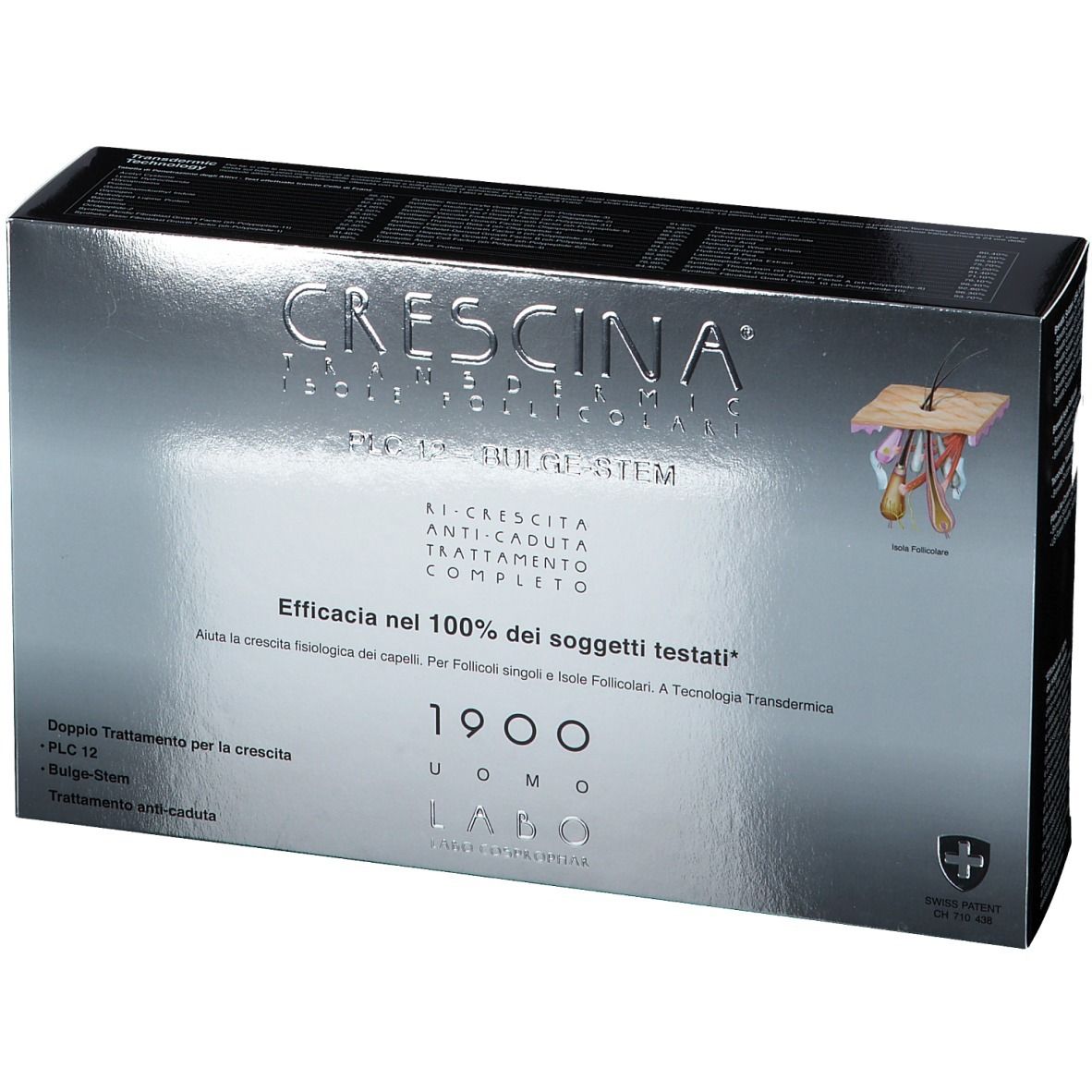 Schachtel mit Produktaufdruck. Text: CRESCINA, PLC12, Bulge-Stem, 1900 UOMO. Schweizer Kreuz.