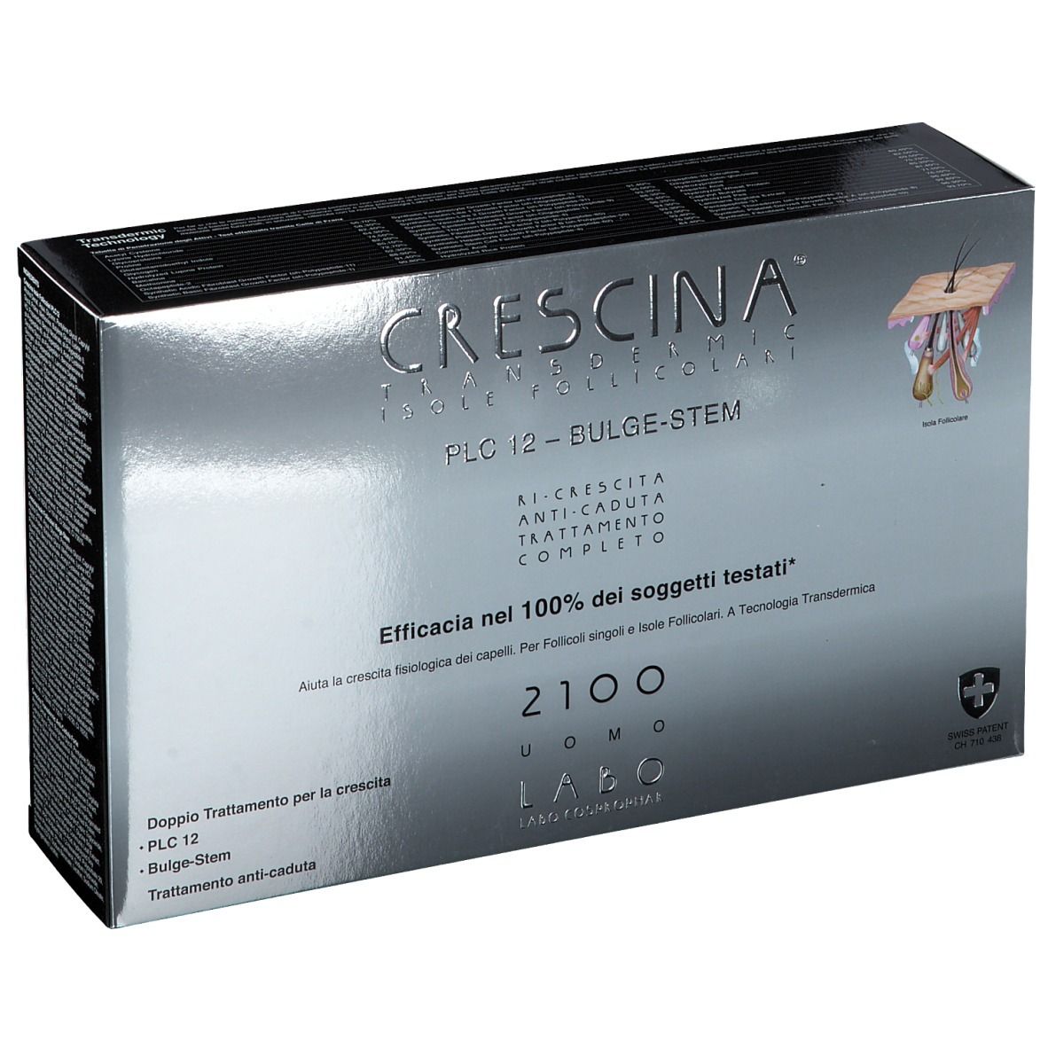 Schachtel mit Produktnamen und Logo. Text: Anti-Haarausfall, vollständige Behandlung. Swiss Patent.