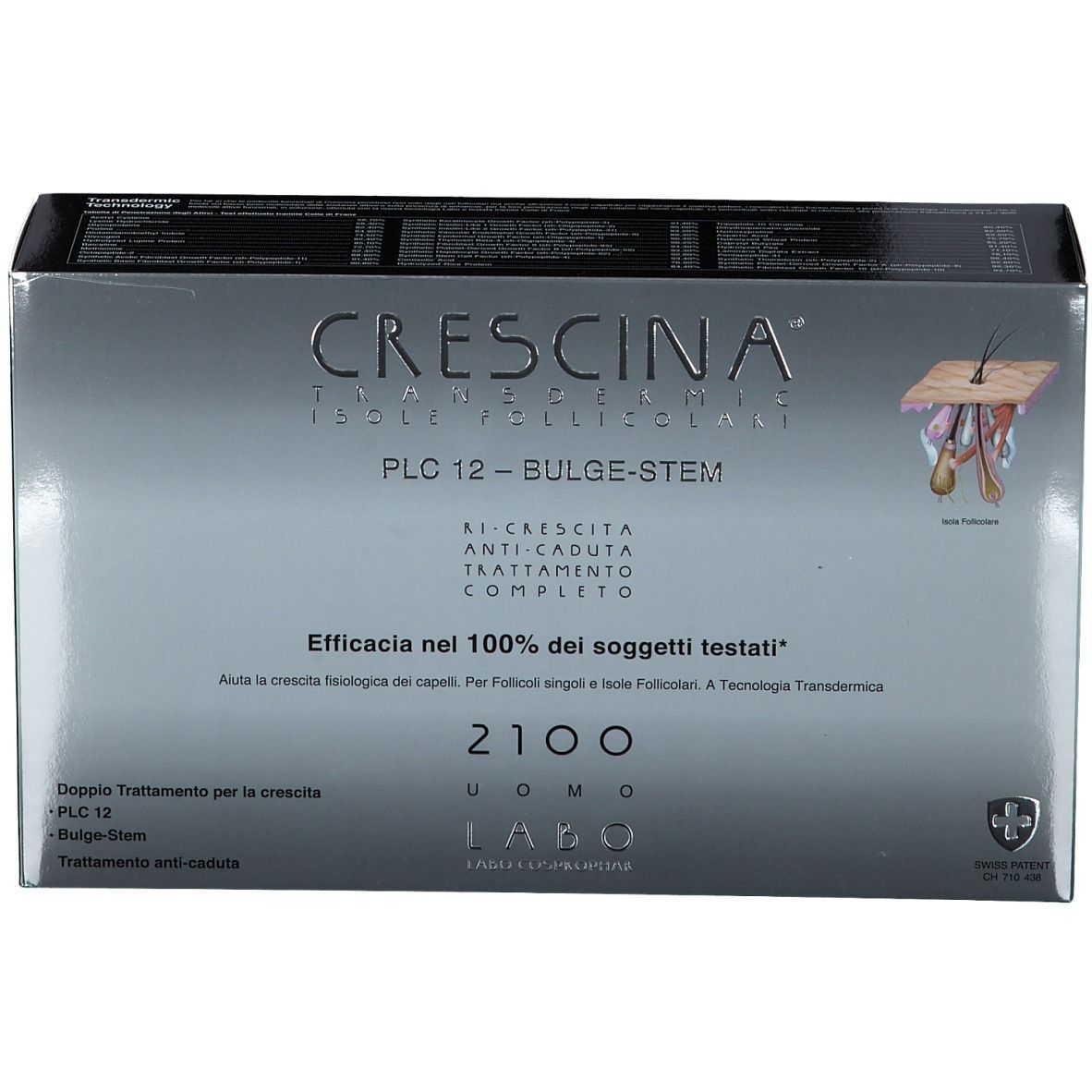Schachtel mit Produktnamen und Logo. Text: Anti-Haarausfall, vollständige Behandlung. Swiss Patent.
