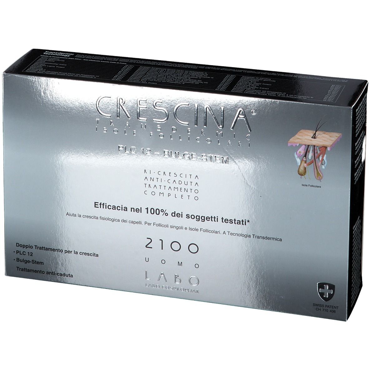 Schachtel mit Produktnamen und Logo. Text: Anti-Haarausfall, vollständige Behandlung. Swiss Patent.