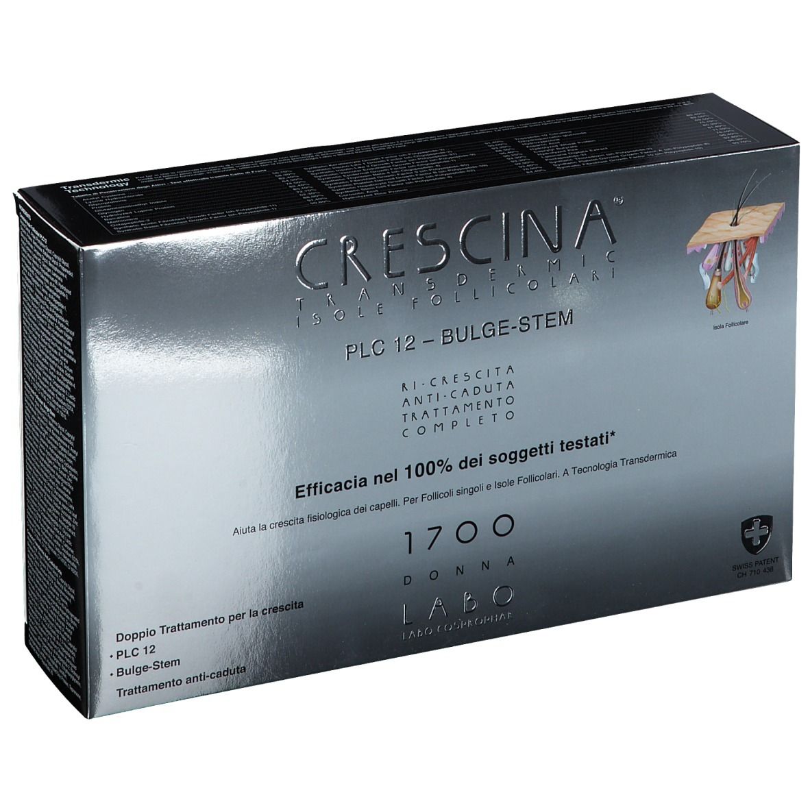 Schachtel CRESCINA Transdermic Follicular Islands PLC12 Bulge-stem 1700 Frau. Silberfarben mit Text und Logo. Schweizer Kreuz.