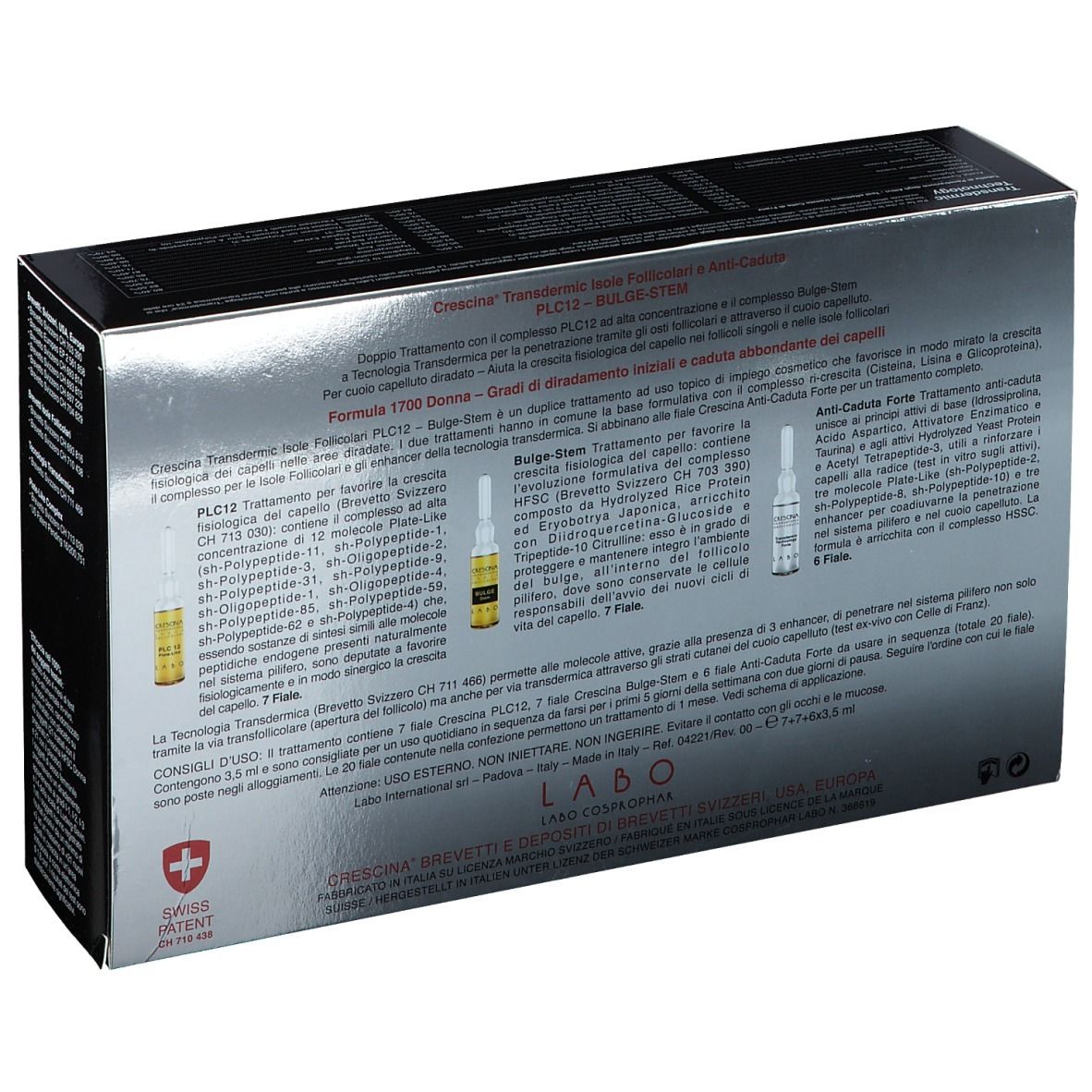 Rückseite der Schachtel CRESCINA Transdermic Follicular Islands PLC12 Bulge-stem 1700 Frau. Text, Logo, und Schweizer Kreuz.