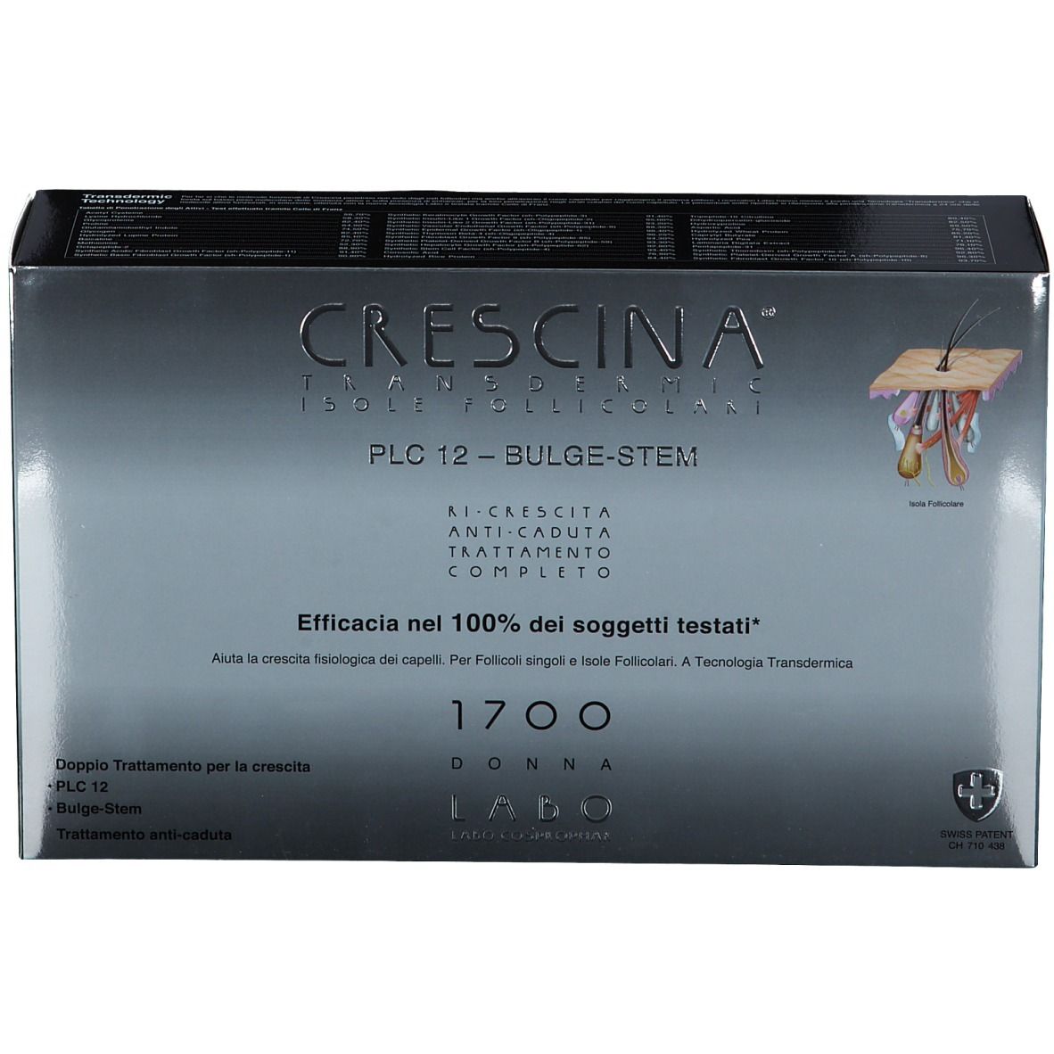 Schachtel CRESCINA Transdermic Follicular Islands PLC12 Bulge-stem 1700 Frau. Silberfarben mit Text und Logo. Schweizer Kreuz.