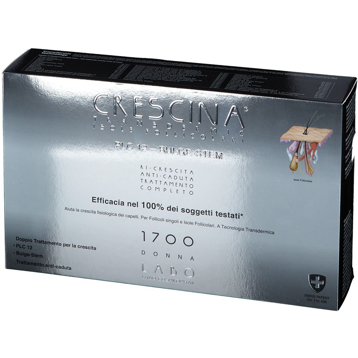 Schachtel CRESCINA Transdermic Follicular Islands PLC12 Bulge-stem 1700 Frau. Silberfarben mit Text und Logo. Schweizer Kreuz.