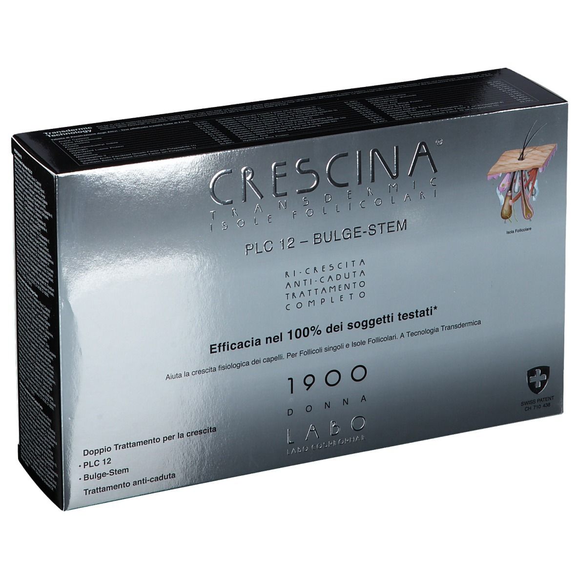 Boîte argentée avec nom et logo du produit. Texte: Traitement anti-chute. Croix suisse.