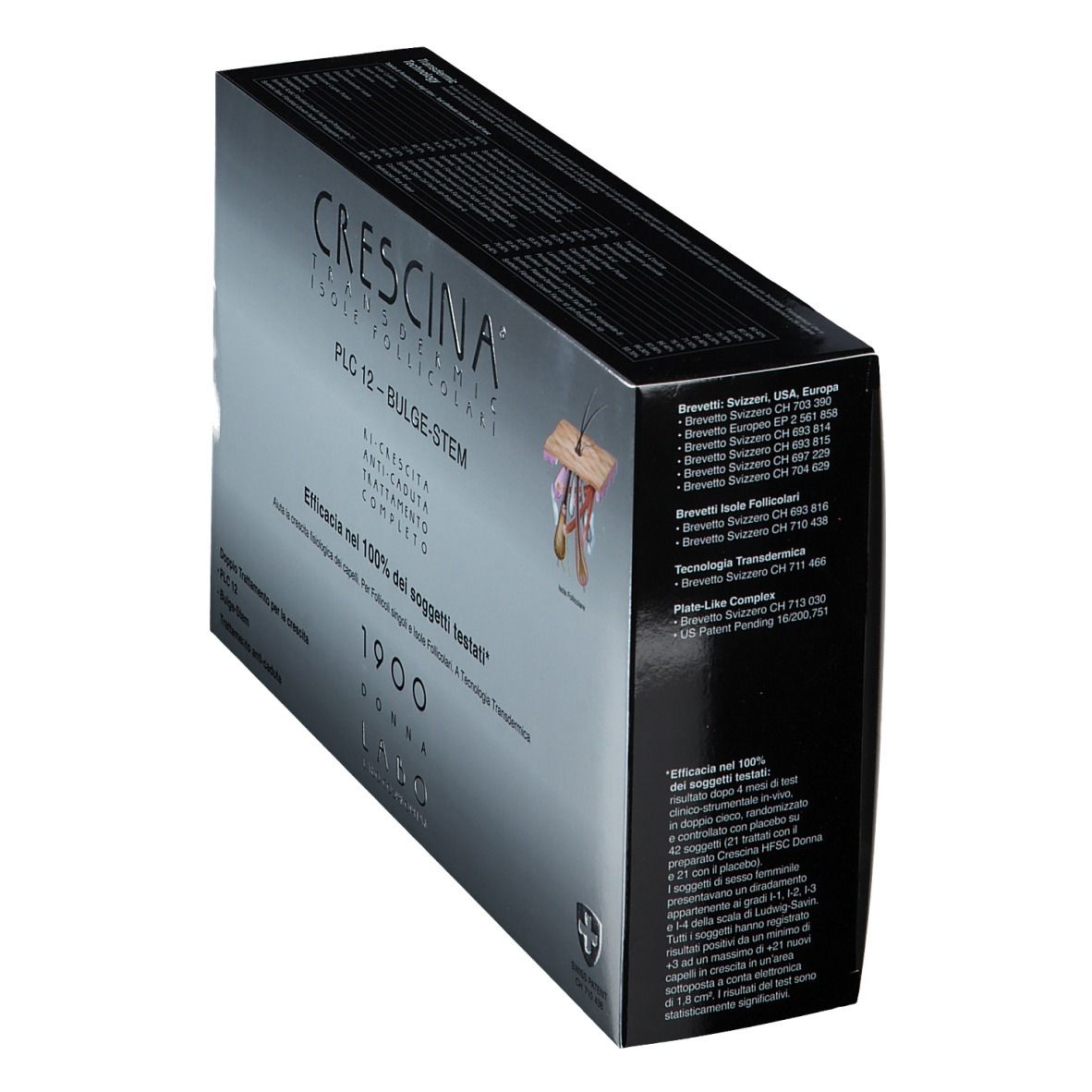 Boîte, vue en biais. Nom et logo du produit visibles. Texte: Traitement anti-chute. Croix suisse.