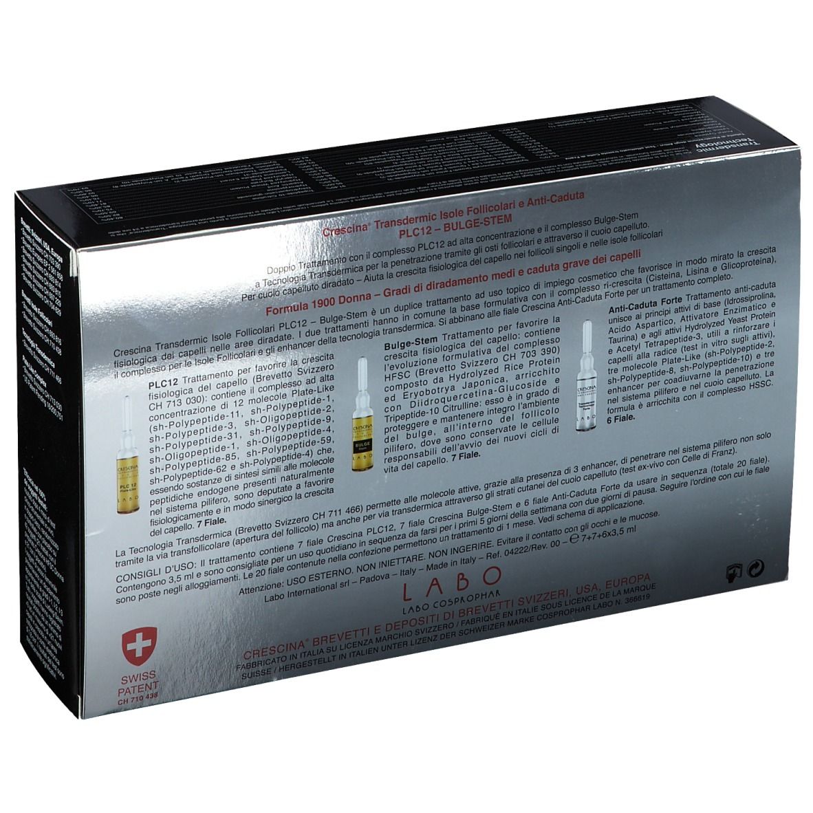 Dos de la boîte. Informations sur le produit et illustrations d'ampoules. Croix suisse.