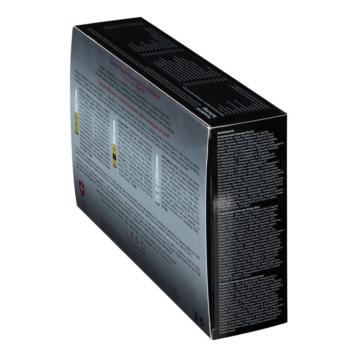 Boîte, vue en biais. Informations sur le produit et ingrédients. Croix suisse.