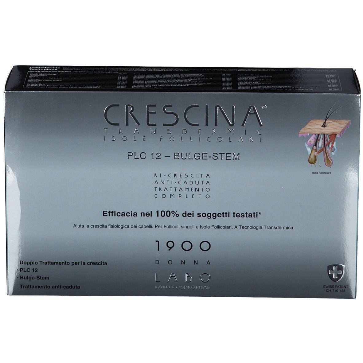 Boîte argentée avec nom et logo du produit. Texte: Traitement anti-chute. Croix suisse.