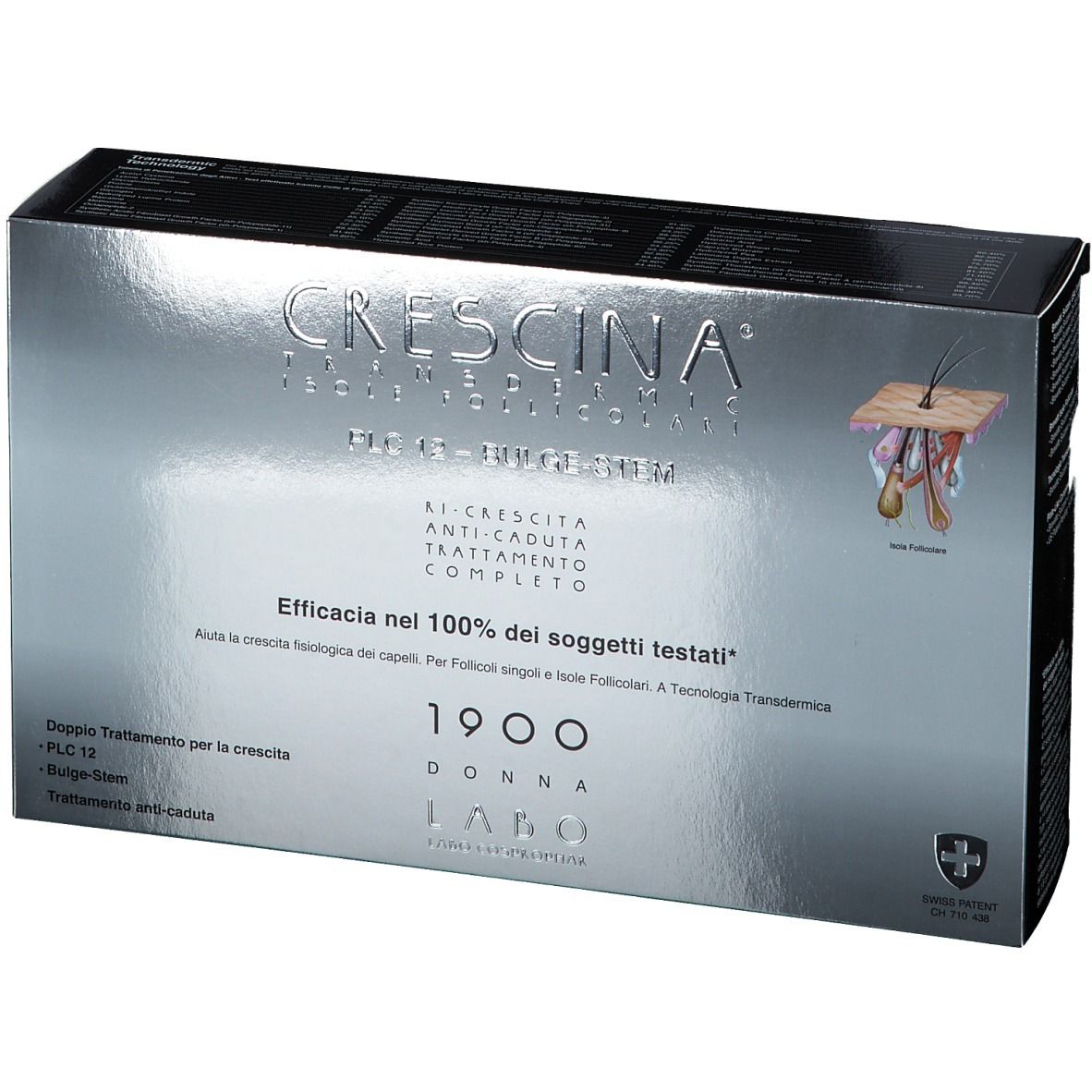 Boîte argentée avec nom et logo du produit. Texte: Traitement anti-chute. Croix suisse.