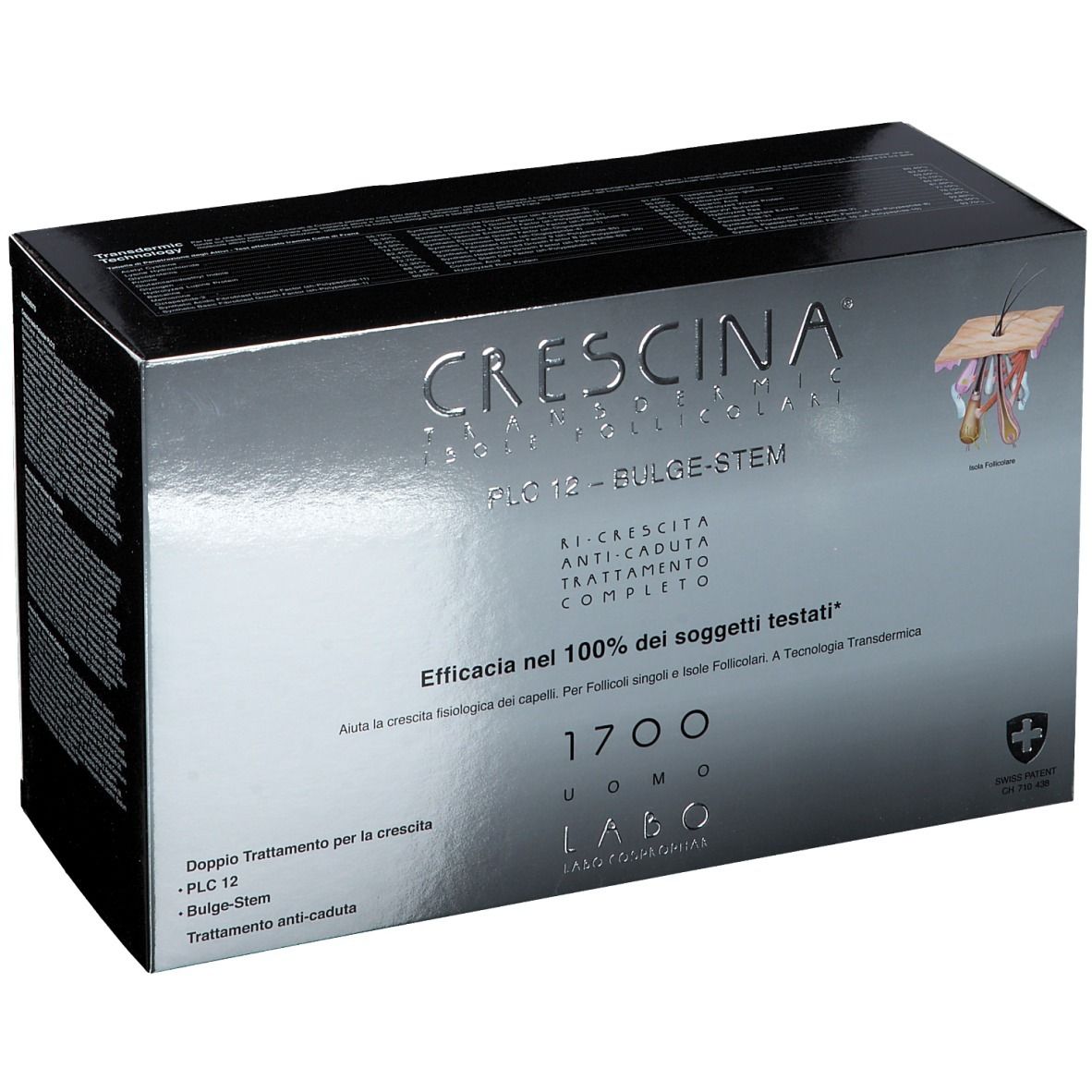 Boîte CRESCINA, PLC12-Bulge-Stem, 1700 UOMO. Texte et illustration. Croix suisse.