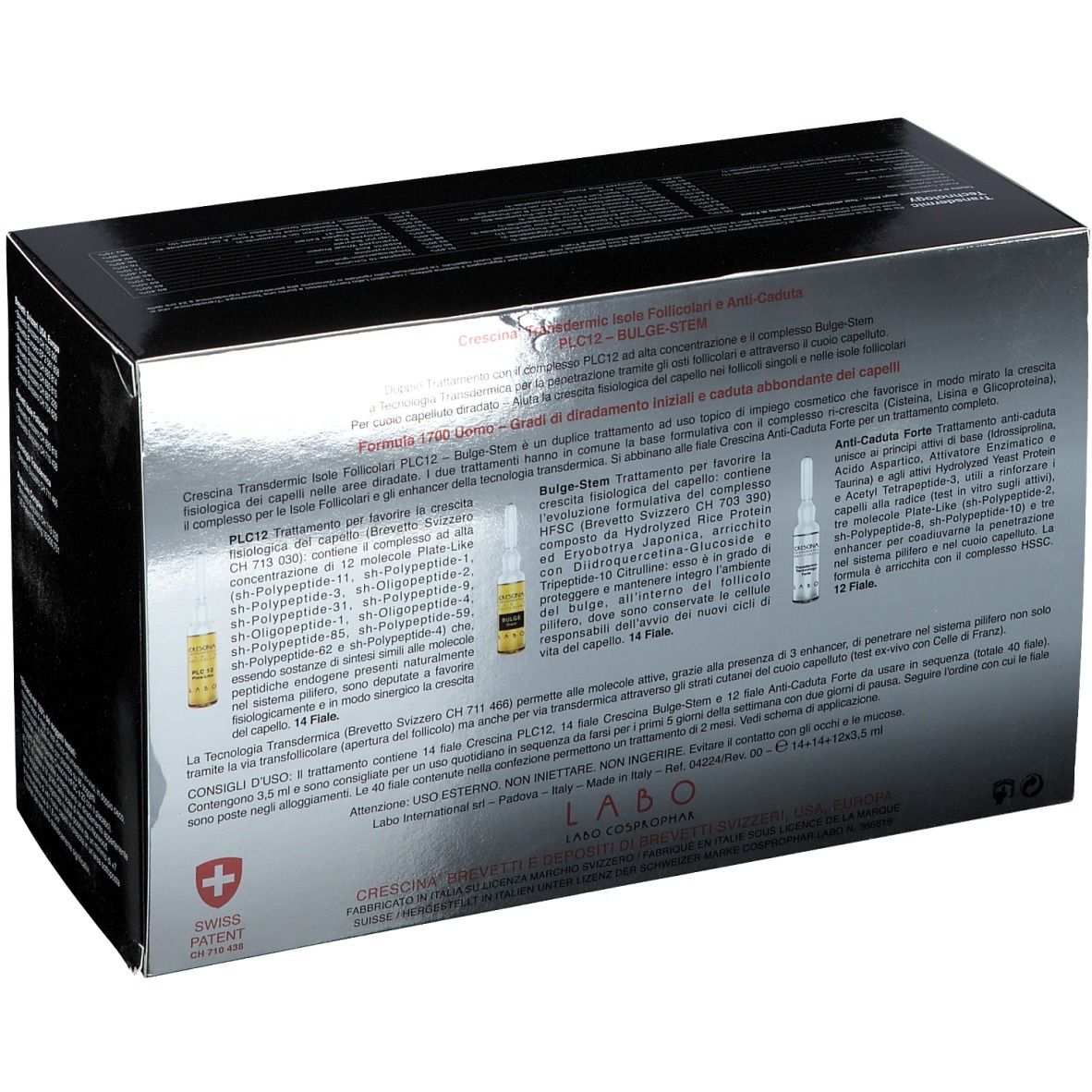 Dos de la boîte avec informations et ampoules. Croix suisse.