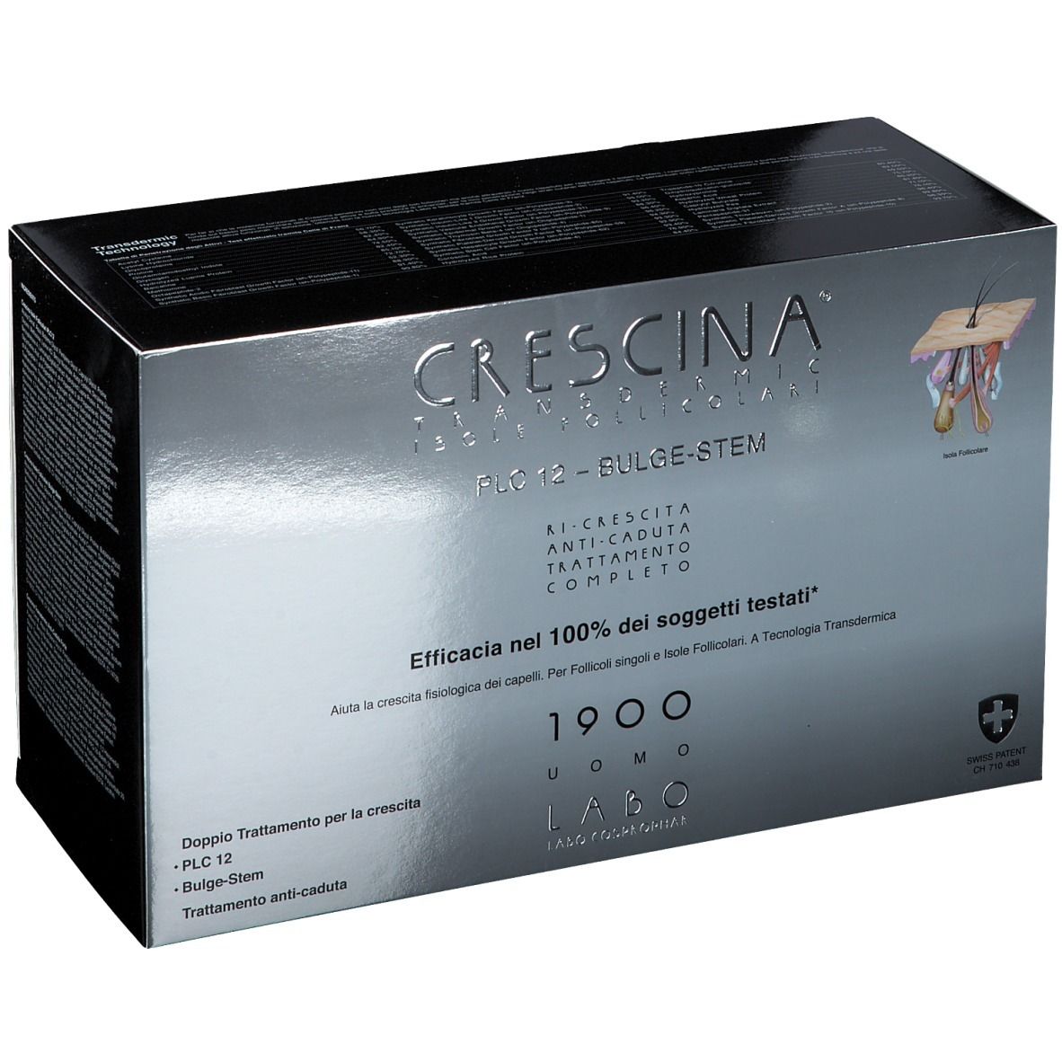 Boîte argentée avec texte CRESCINA. Logos et informations sur le produit. Croix suisse.