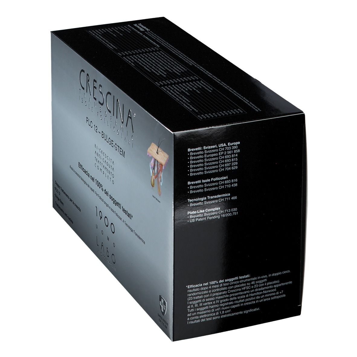 Boîte argentée avec texte CRESCINA. Côtés noirs avec informations. 