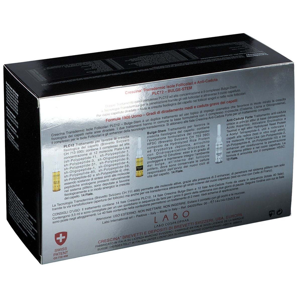 Dos de la boîte avec informations et ampoules. Croix suisse.