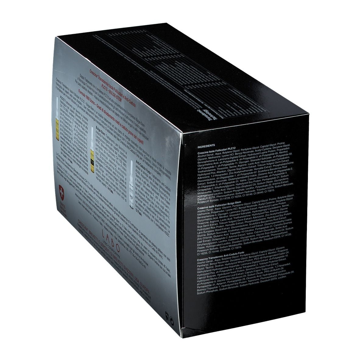 Boîte argentée avec informations. Côtés noirs.