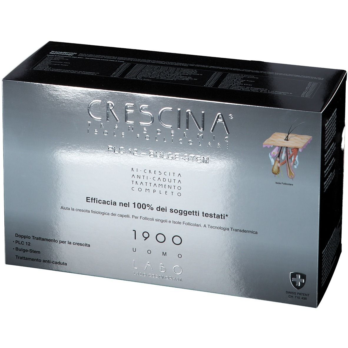 Boîte argentée avec texte CRESCINA. Logos et informations. Croix suisse.