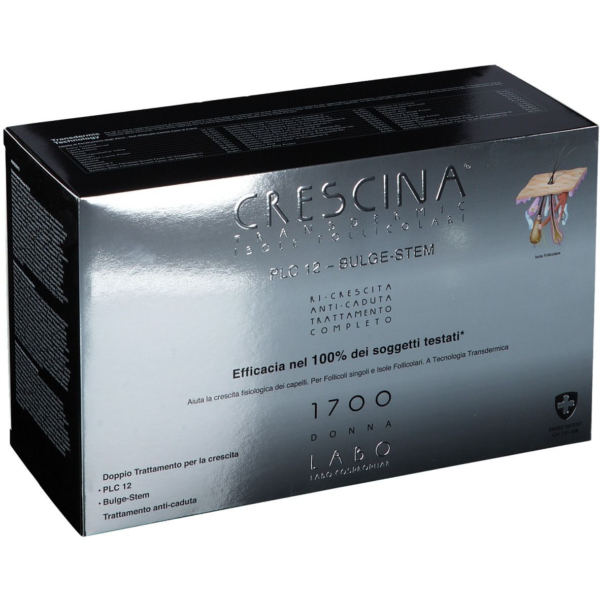 Schachtel mit Produktaufdrucken. Text: CRESCINA, PLC12, Bulge-Stem, 1700, Frau. Logo: Schweizer Kreuz.
