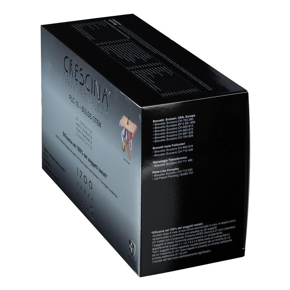 Schwarze Produktverpackung. Text: CRESCINA, PLC12, Bulge-Stem. Logo: Schweizer Kreuz. Patentinformationen.