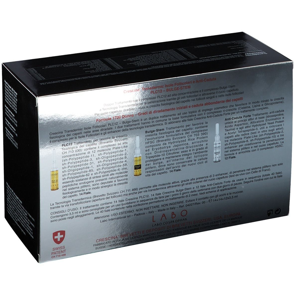 Produktverpackung mit Ampullen. Text: CRESCINA, PLC12, Bulge-Stem, 1700, Frau. Logo: Schweizer Kreuz. Ampullen.