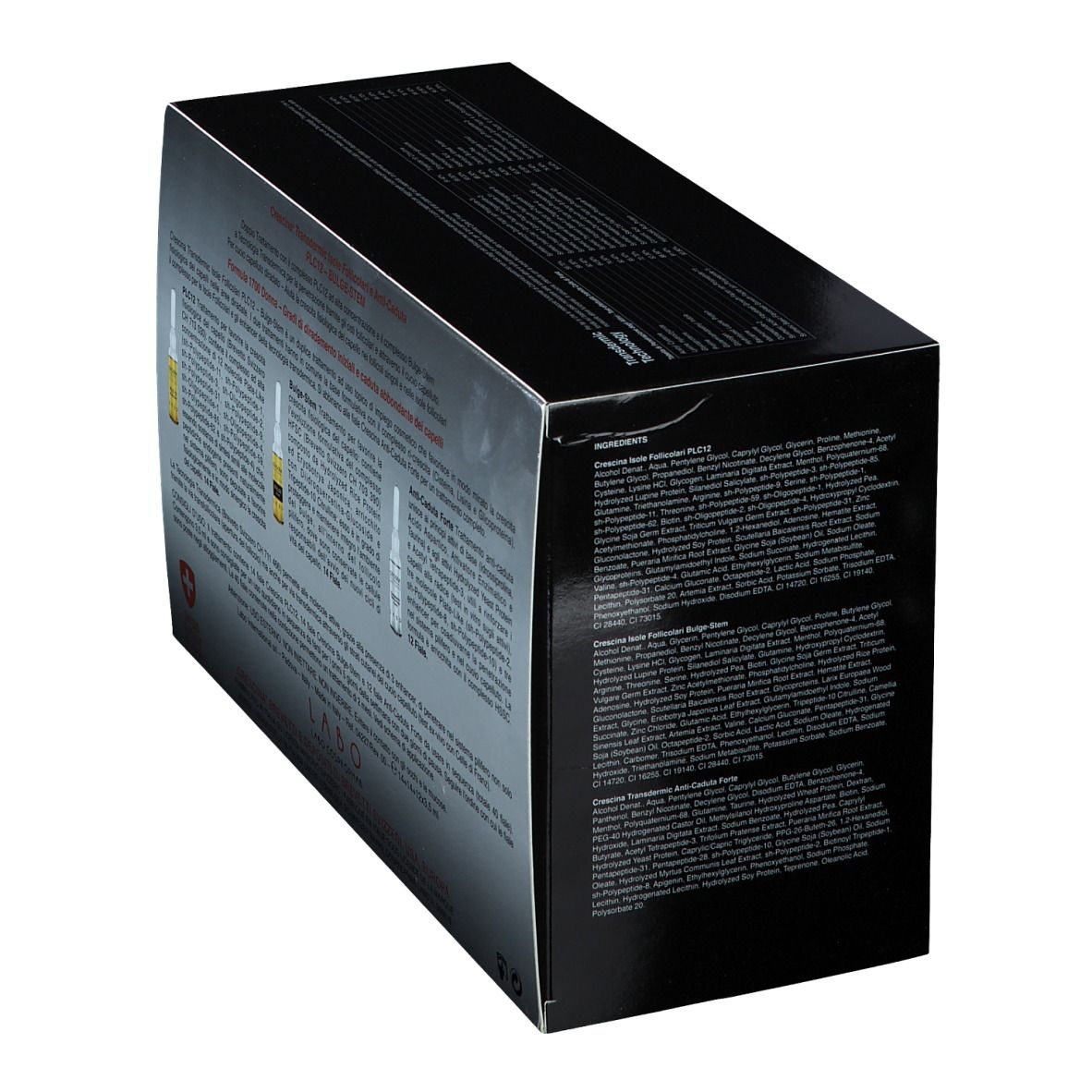 Produktverpackung mit Text. Text: Inhaltsstoffe, CRESCINA, PLC12, Bulge-Stem. Logo: Schweizer Kreuz.
