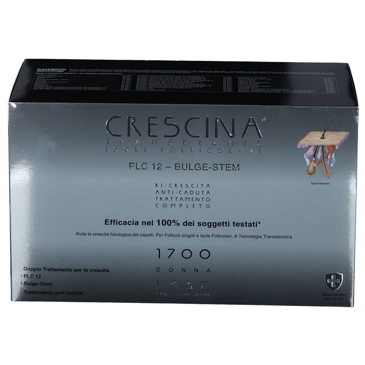 Produktverpackung. Text: CRESCINA, PLC12, Bulge-Stem, 1700, Frau. Logo: Schweizer Kreuz. Abbildung der Kopfhaut.