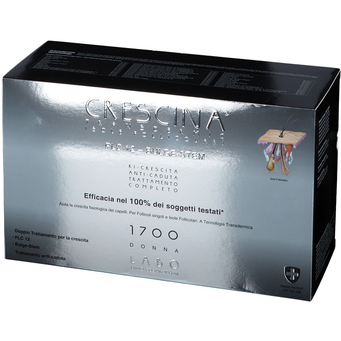 Produktverpackung. Text: CRESCINA, PLC12, Bulge-Stem, 1700, Frau. Logo: Schweizer Kreuz. Abbildung der Kopfhaut.