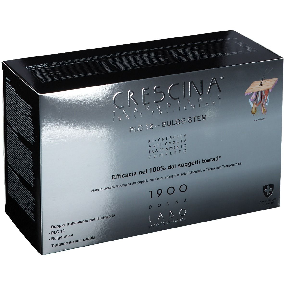 Schachtel mit Produktaufdrucken. Silberne und schwarze Farbgebung. Text: CRESCINA, PLC12, Bulge-Stem, 1900 Donna.