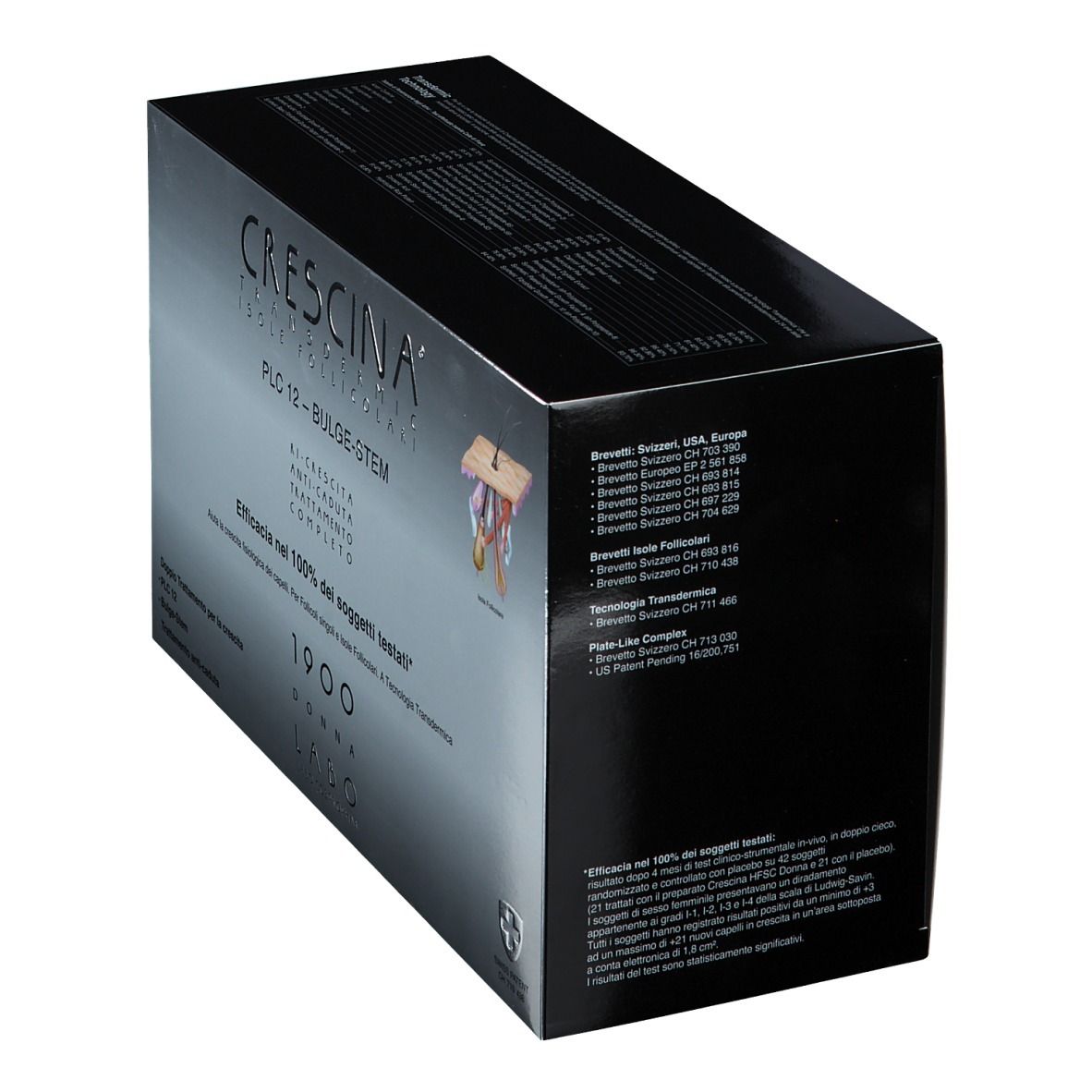 Schwarze Schachtel mit silbernem Aufdruck. Text: CRESCINA, PLC12, Bulge-Stem, 1900 Donna. Schweizer Kreuz.