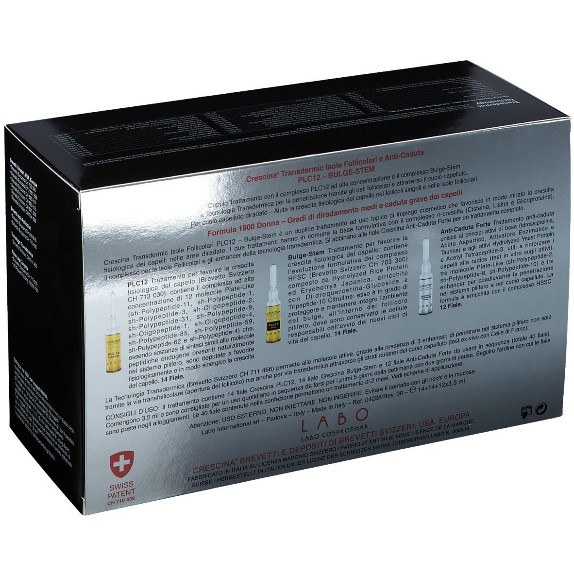 Schachtel mit Produktinformationen. Enthält Ampullen. Text: CRESCINA, PLC12, Bulge-Stem, 1900 Donna. Schweizer Kreuz.