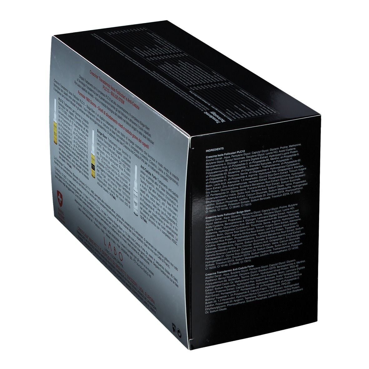 Schachtel mit Produktinformationen. Text: CRESCINA, PLC12, Bulge-Stem, 1900 Donna. Schweizer Kreuz. Detailansicht.