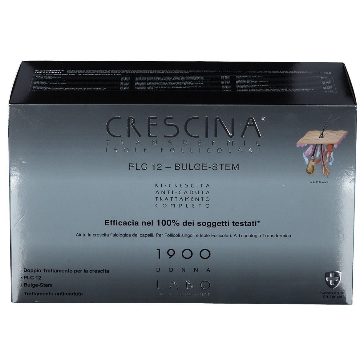 Schachtel mit Produktaufdrucken. Silberne und schwarze Farbgebung. Text: CRESCINA, PLC12, Bulge-Stem, 1900 Donna.