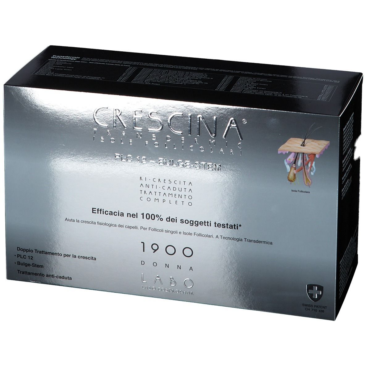 Schachtel mit Produktaufdrucken. Silberne und schwarze Farbgebung. Text: CRESCINA, PLC12, Bulge-Stem, 1900 Donna.