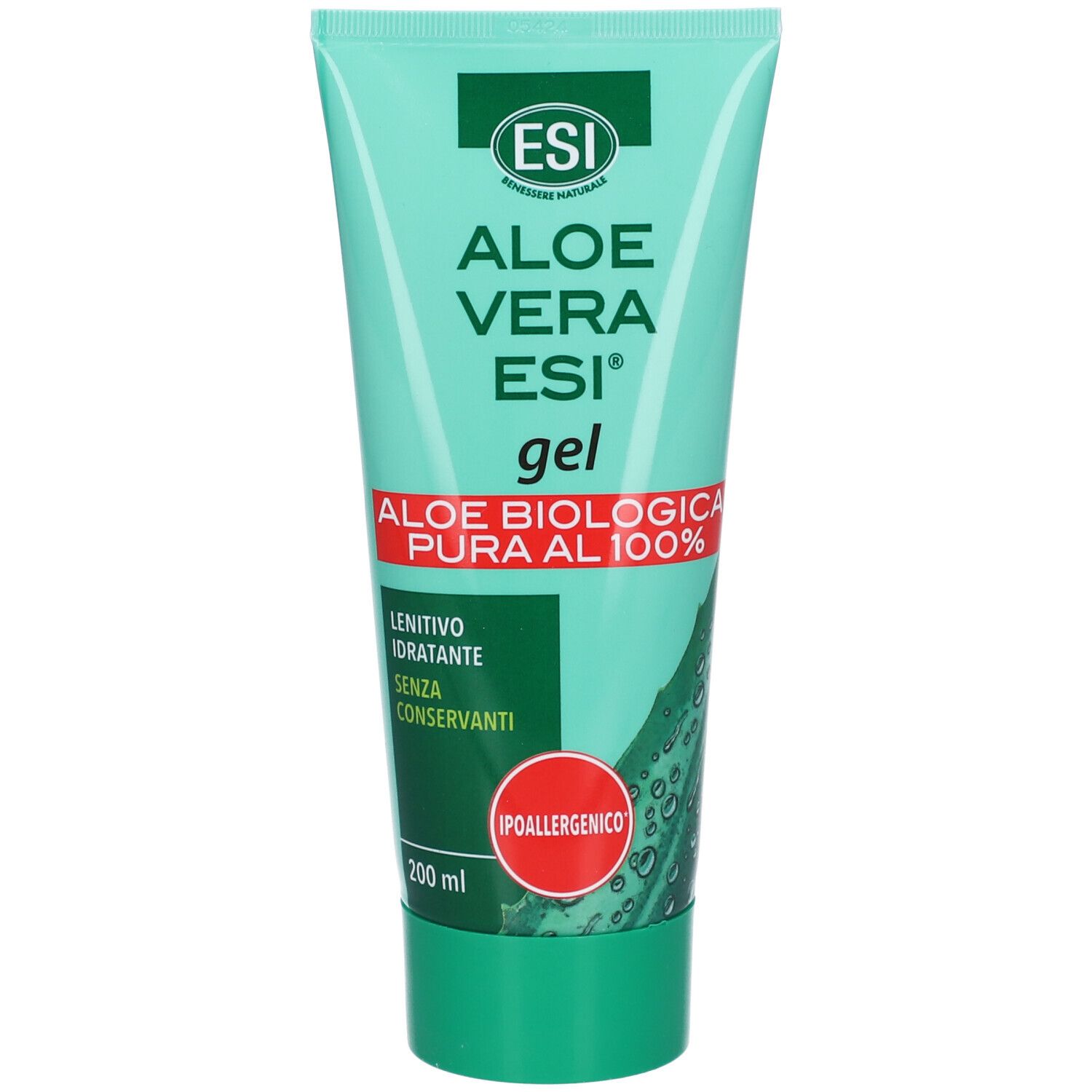 Grüne Tube mit Aloe Vera ESI® Gel. Text: Aloe Vera ESI® gel, Aloe biologica pura al 100%, lenitivo idratante, senza conservanti. Ipoallergenico.