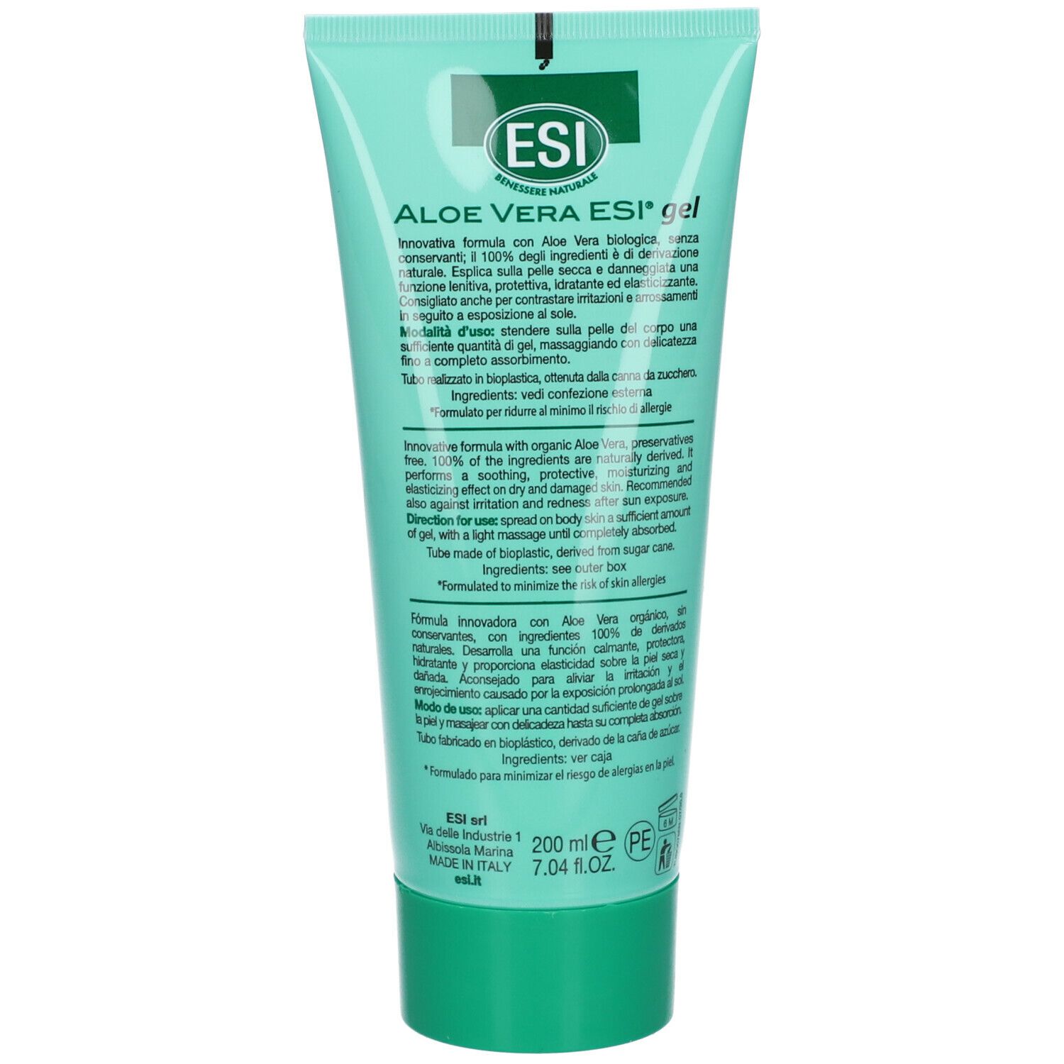 Rückseite einer grünen Tube Aloe Vera ESI® Gel. Text: Aloe Vera ESI® gel, Aloe biologica pura al 100%, Inhaltsstoffe, 200 ml, hergestellt in Italien.