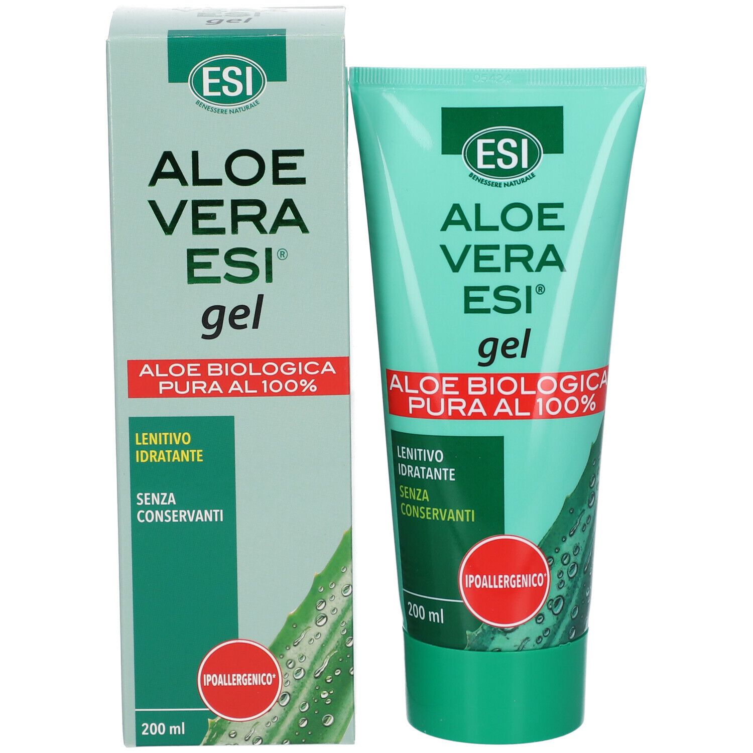 Aloe Vera ESI® Gel und Verpackung. Text: Aloe Vera ESI® gel, Aloe biologica pura al 100%, lenitivo idratante, senza conservanti. Ipoallergenico. 200 ml.