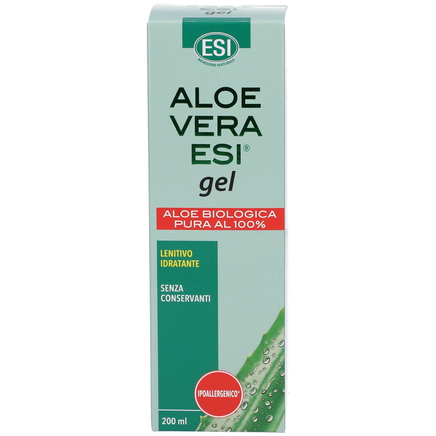 Verpackung von Aloe Vera ESI® Gel. Text: Aloe Vera ESI® gel, Aloe biologica pura al 100%, lenitivo idratante, senza conservanti. Ipoallergenico. 200 ml.