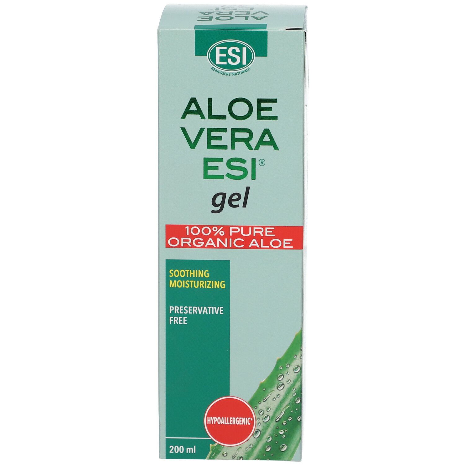 Verpackung von Aloe Vera ESI® Gel. Text: Aloe Vera ESI® gel, 100% pure organic aloe, soothing moisturizing, preservative free. Hypoallergenic. 200 ml.