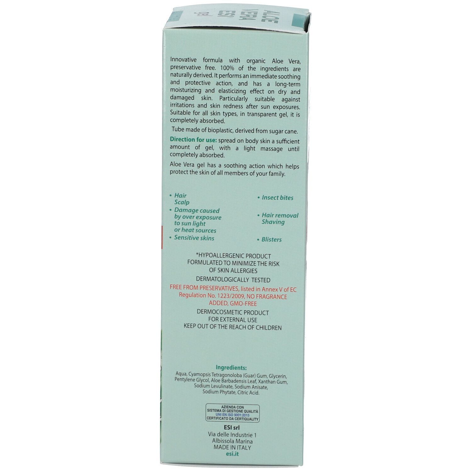 Rückseite der Verpackung von Aloe Vera ESI® Gel. Text: Inhaltsstoffe, dermatologisch getestet, frei von Duftstoffen, 200 ml.