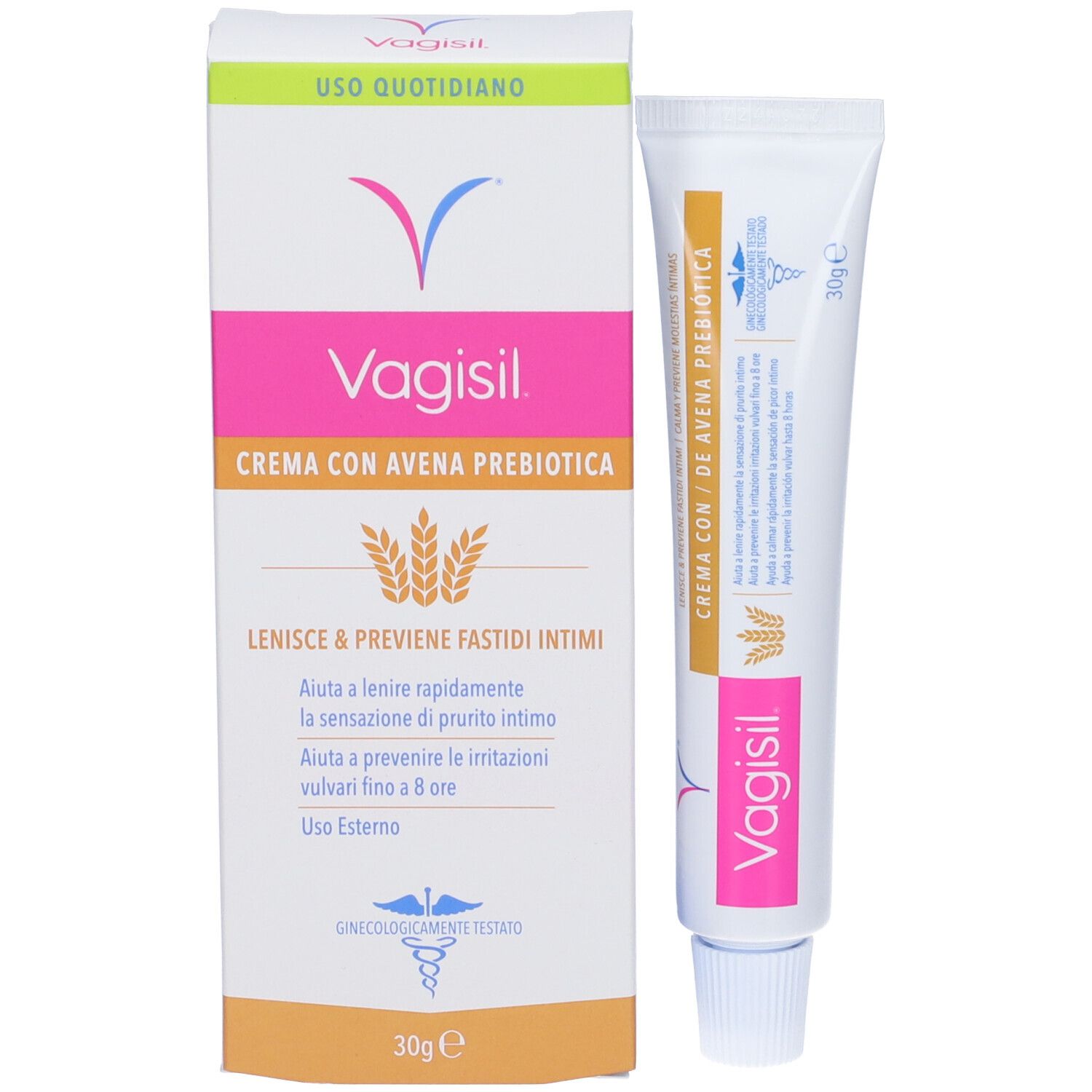 Produktverpackung und Tube nebeneinander. Verpackung mit Logo und Produktnamen. Tube mit 30g.