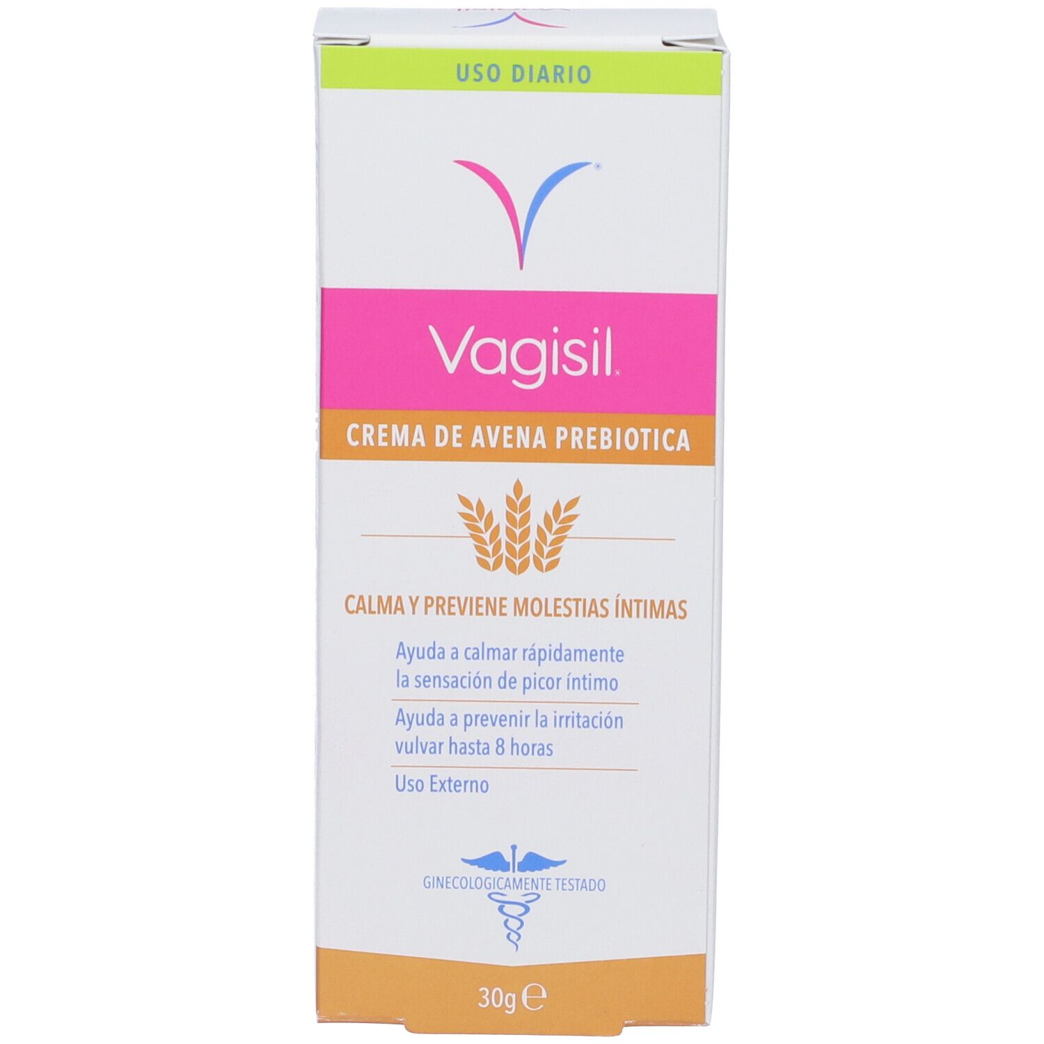 Produktverpackung. Logo und Produktname. Text: Creme mit Hafer-Präbiotika. 30g. Weiß, rosa und gelb.