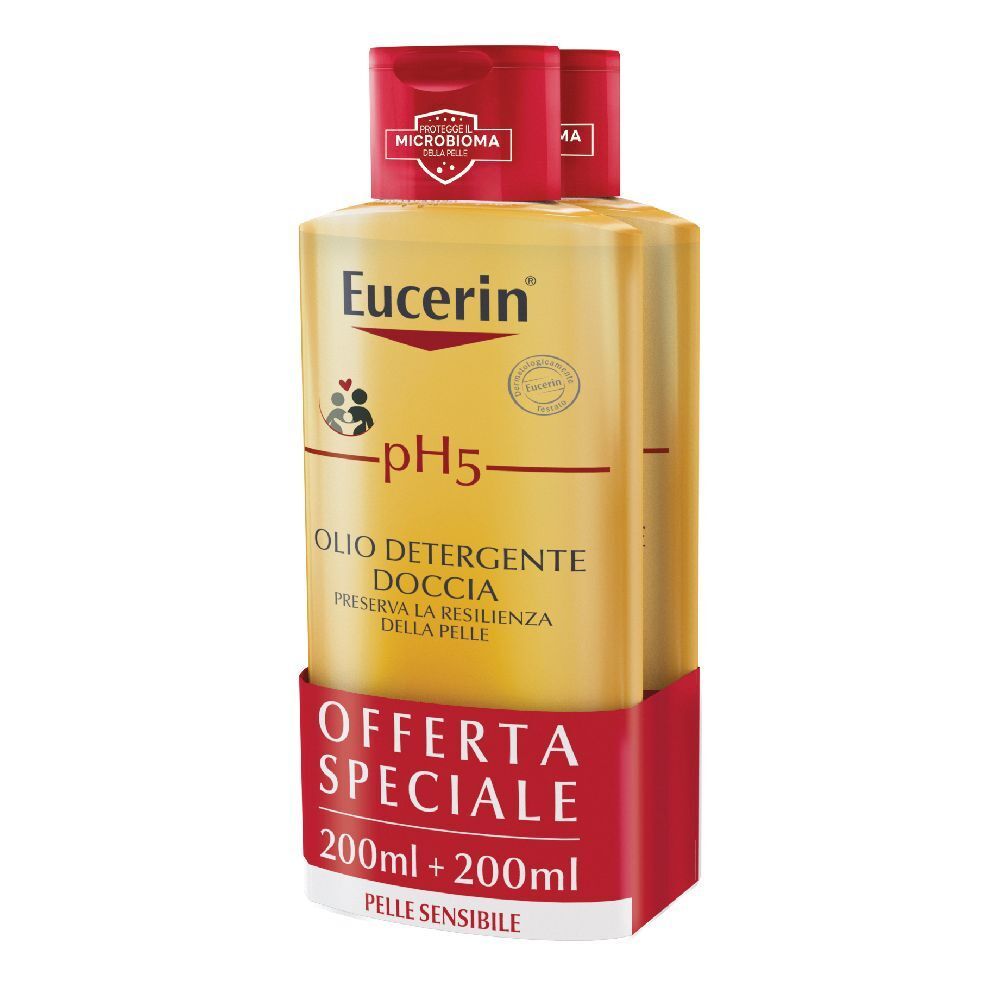 Eucerin pH5 Duschöl. Deux flacons avec bouchon rouge et étiquette. Inscription : pH5, Olio Detergente Doccia, Offerta Speciale.