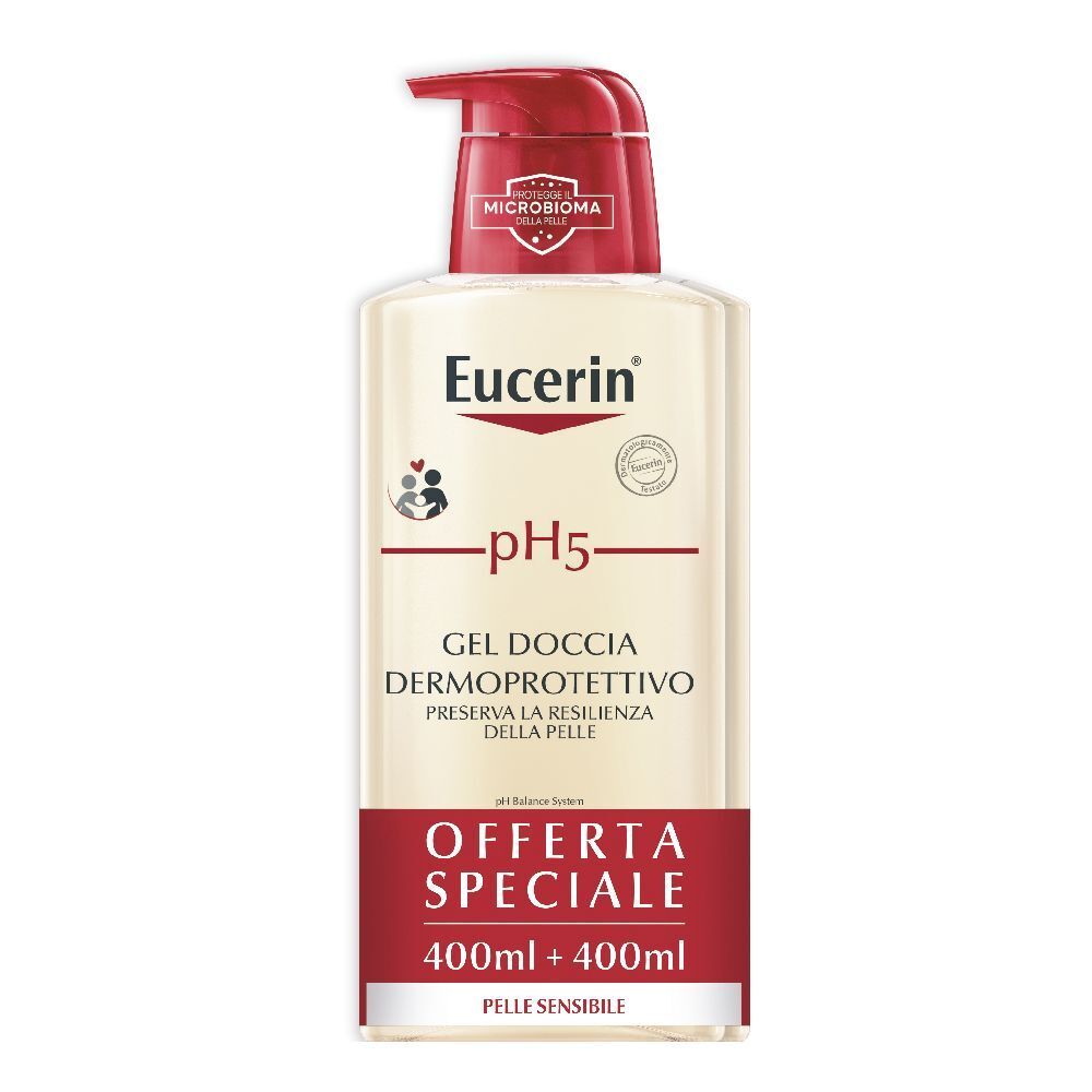 Flacon de gel douche Eucerin pH5 avec pompe rouge. Inscription : pH5, Gel Doccia Dermoprotettivo, 400ml + 400ml, Pelle Sensibile.