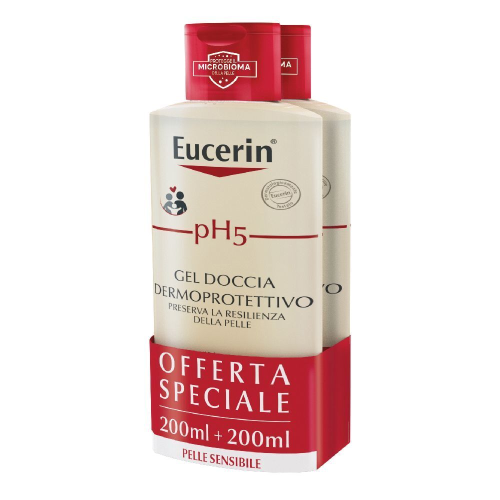Zwei Flaschen Eucerin pH5 Duschgel mit rotem Etikett. Aufschrift: 'Offerta Speciale'.