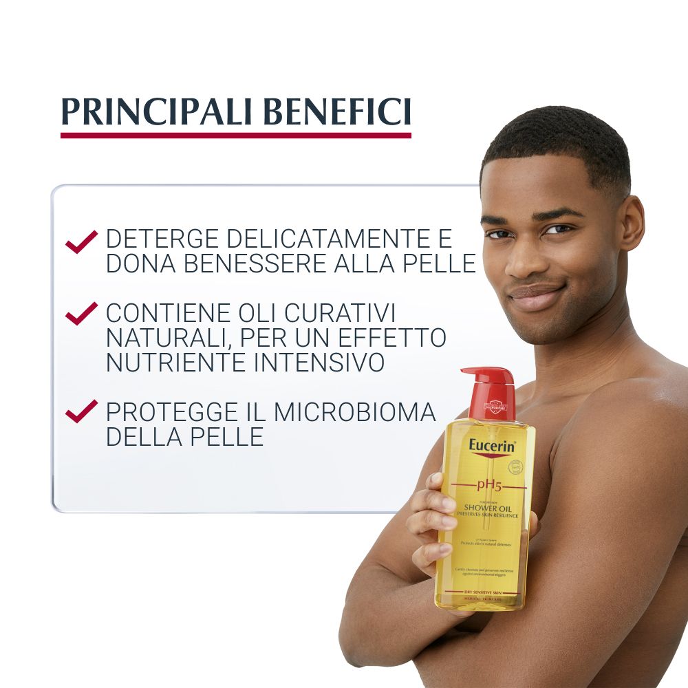 Mann hält Eucerin pH5 Shower Oil. Text: 'Deterge delicatamente e dona benessere alla pelle'.