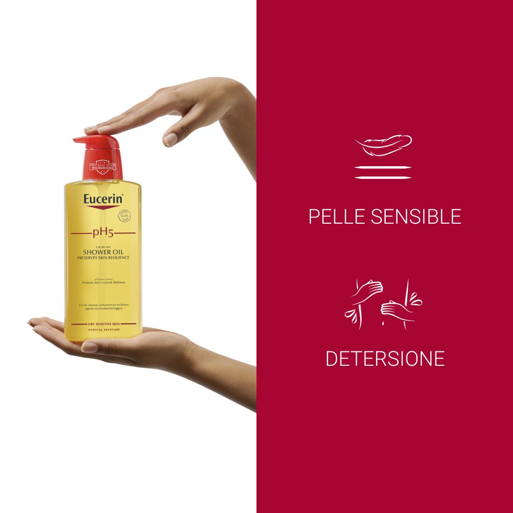Hand berührt Eucerin pH5 Shower Oil. Auf rotem Hintergrund: 'Pelle sensibile' und 'Detersione'.